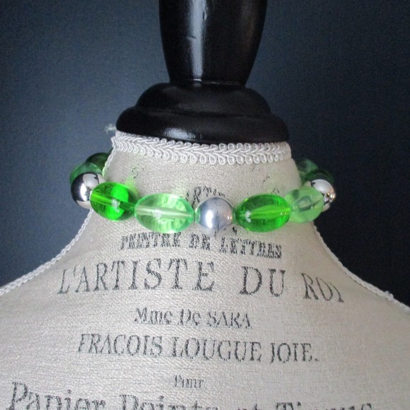 West Germany Jewelry - Vintage West Germany Lime Green and Silver Beaded Choker Necklace
